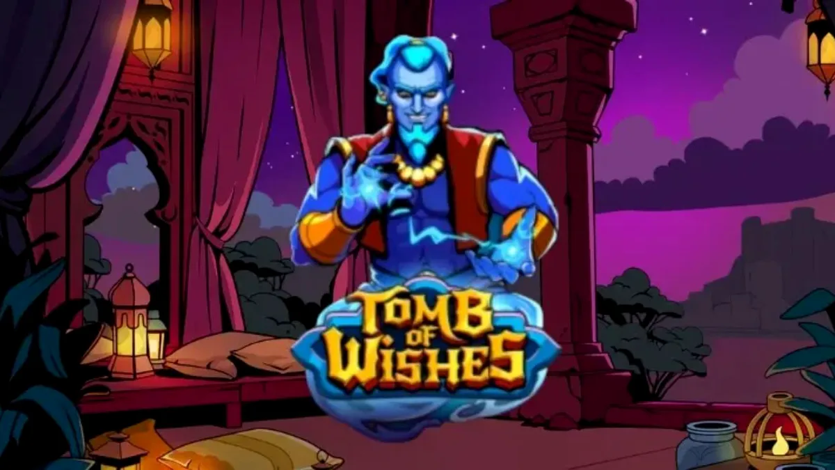 Tampilan visual mesin slot Tomb of Wishes dengan tema Arabian Nights dan simbol artefak emas.