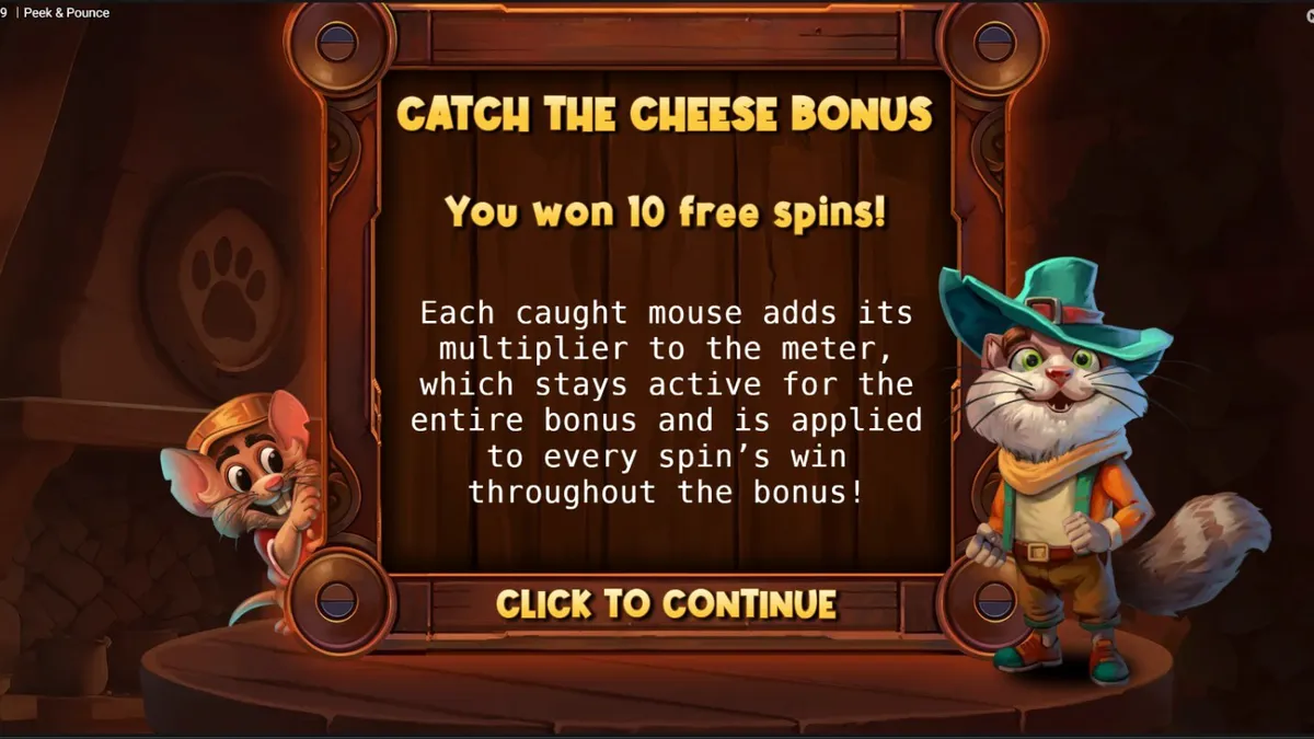 Tampilan visual slot Peek & Pounce dengan karakter kucing dan tikus