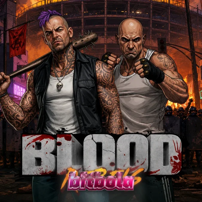 Tampilan visual slot Blood Rebels dengan tema urban dan simbol-simbol khas